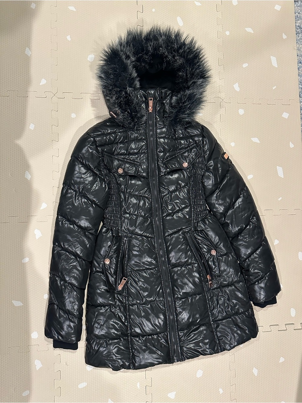 Nicole Miller Black Hooded Puffer Coat with Faux Fur Trim EUC Size M